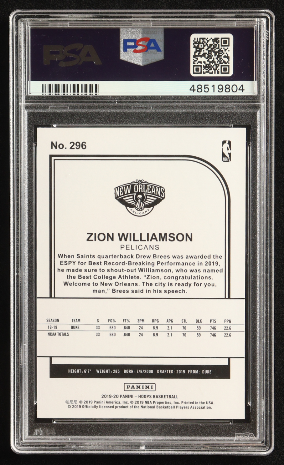 Zion Williamson 2019 Panini NBA Hoops Tribute #296 RC (PSA 10) at PristineAuction.com Zion Williamson 2019 Panini NBA Hoops Tribute #296 RC (PSA 10) at PristineAuction.com