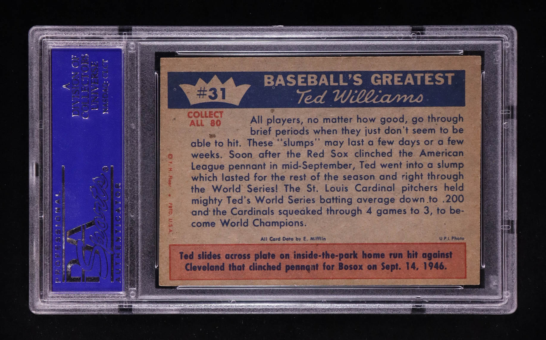 Oct. 1946 - Sox Lose the Series 1959 Fleer Ted Williams #31 (PSA 6) at PristineAuction.com Oct. 1946 - Sox Lose the Series 1959 Fleer Ted Williams #31 (PSA 6) at PristineAuction.com