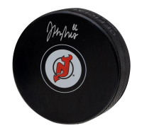 Jack Hughes Signed Devils Logo Puck (Fanatics) at PristineAuction.com