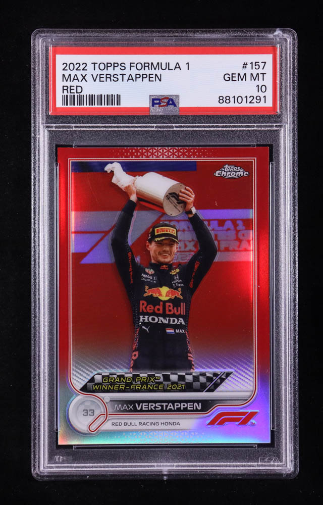 Max Verstappen 2022 Topps Chrome Formula 1 Red Refractors #157 GPW #4/5 (PSA 10) at PristineAuction.com Max Verstappen 2022 Topps Chrome Formula 1 Red Refractors #157 GPW #4/5 (PSA 10) at PristineAuction.com