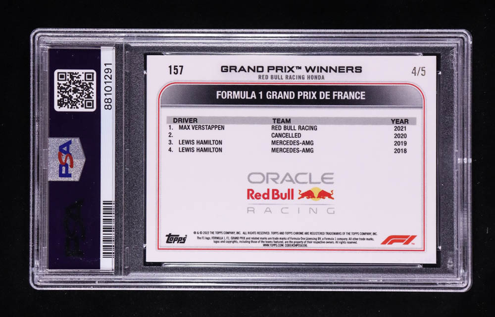 Max Verstappen 2022 Topps Chrome Formula 1 Red Refractors #157 GPW #4/5 (PSA 10) at PristineAuction.com Max Verstappen 2022 Topps Chrome Formula 1 Red Refractors #157 GPW #4/5 (PSA 10) at PristineAuction.com
