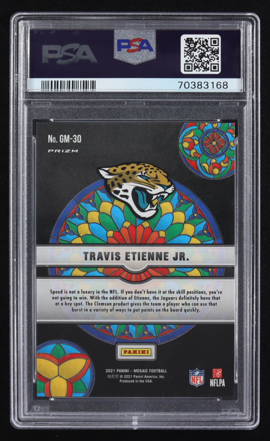 Travis Etienne Jr. 2021 Panini Mosaic Glass Mosaic #30 RC (PSA 10) at PristineAuction.com Travis Etienne Jr. 2021 Panini Mosaic Glass Mosaic #30 RC (PSA 10) at PristineAuction.com