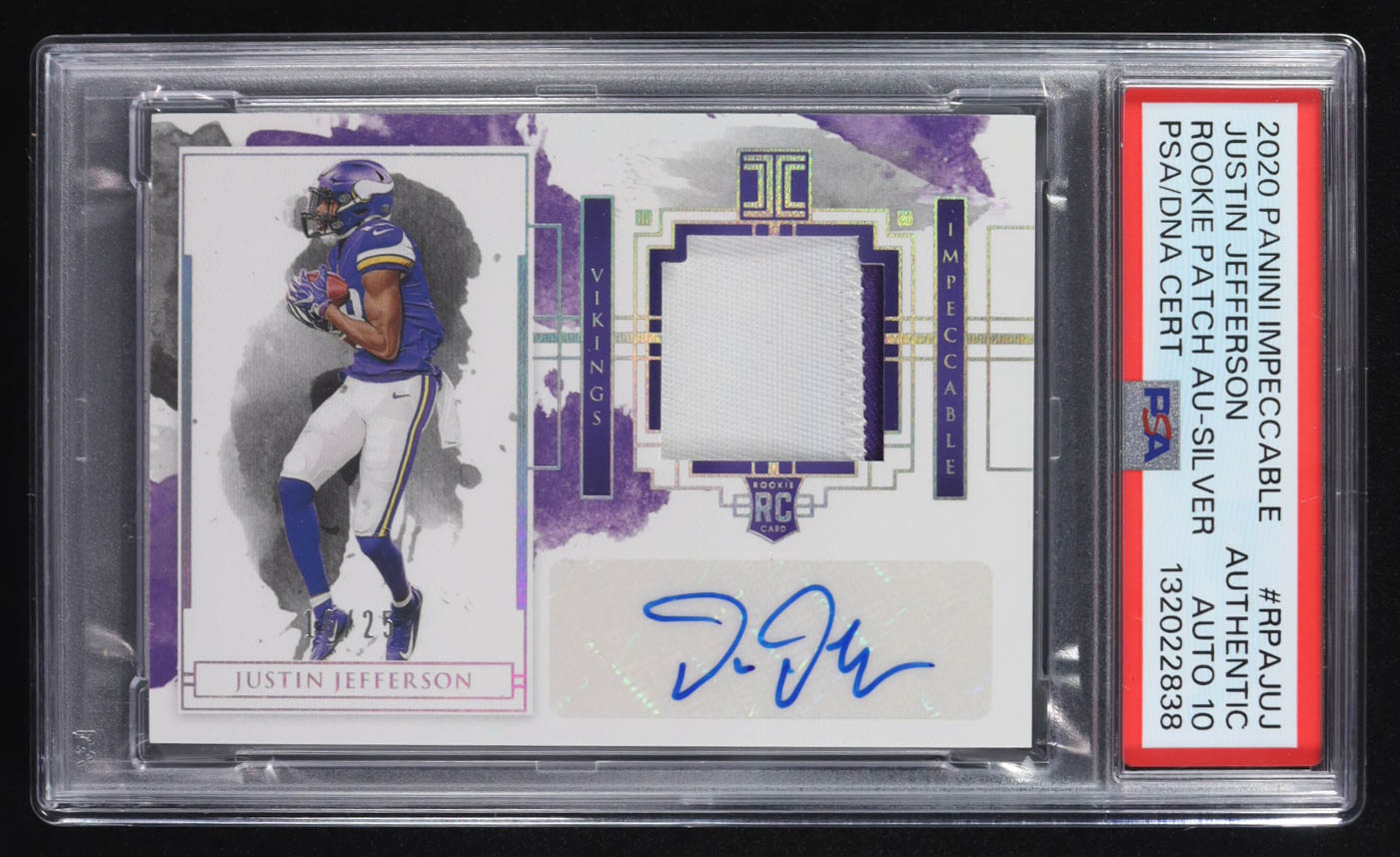 Justin Jefferson 2020 Panini Impeccable Rookie Patch Autographs Silver #13 #16/25 RC (PSA Encapsulated) at PristineAuction.com Justin Jefferson 2020 Panini Impeccable Rookie Patch Autographs Silver #13 #16/25 RC (PSA Encapsulated) at PristineAuction.com