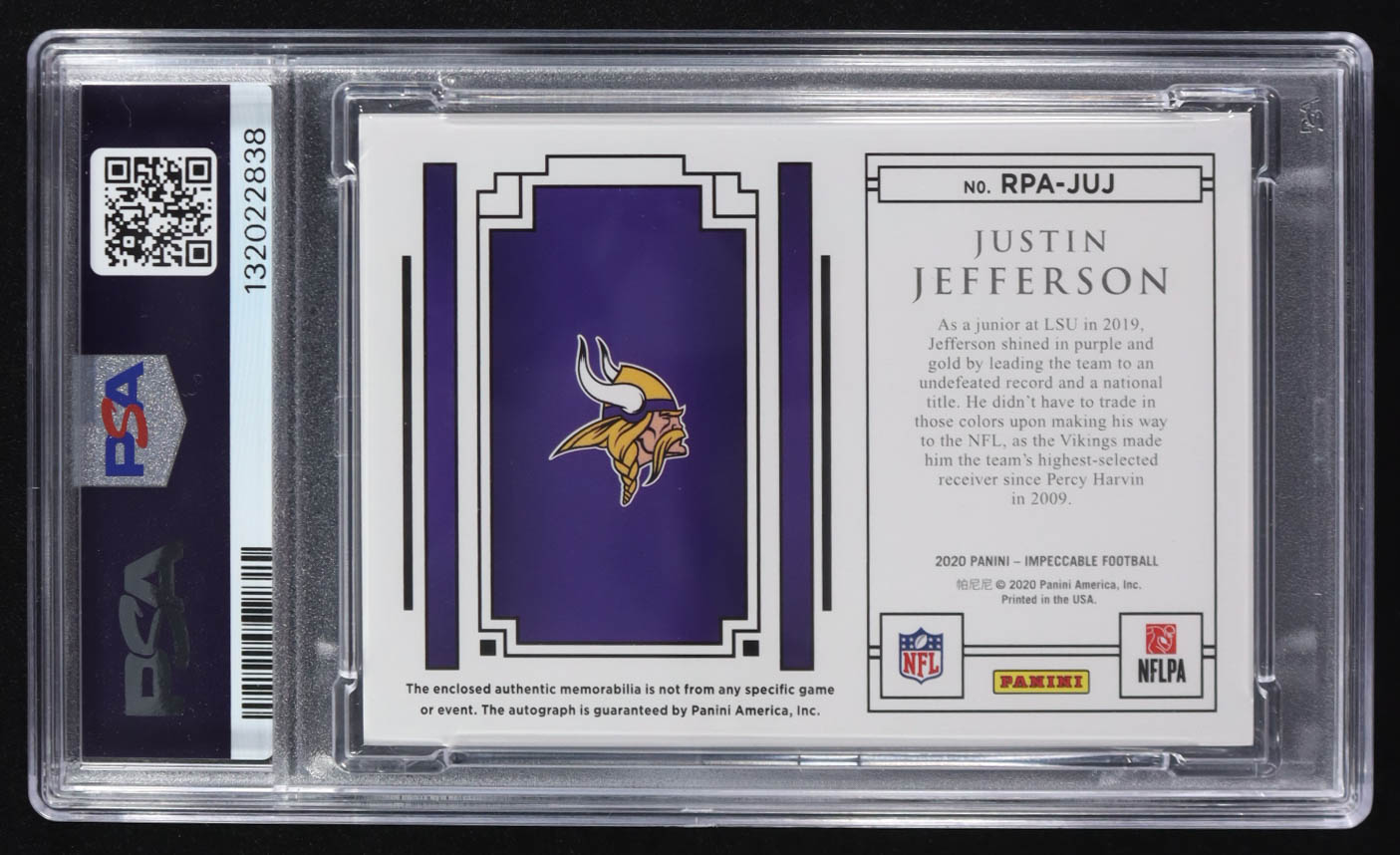 Justin Jefferson 2020 Panini Impeccable Rookie Patch Autographs Silver #13 #16/25 RC (PSA Encapsulated) at PristineAuction.com Justin Jefferson 2020 Panini Impeccable Rookie Patch Autographs Silver #13 #16/25 RC (PSA Encapsulated) at PristineAuction.com