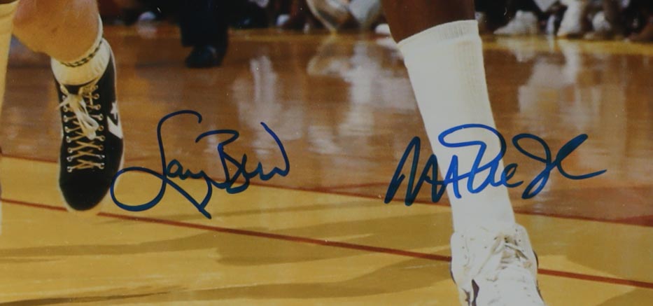 Larry Bird & Magic Johnson Signed Custom Framed Photo Display with Name Plaque & (6) Championship Pins (Beckett & JSA & PIA) at PristineAuction.com Larry Bird & Magic Johnson Signed Custom Framed Photo Display with Name Plaque & (6) Championship Pins (Beckett & JSA & PIA) at PristineAuction.com