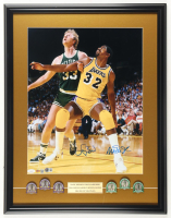 Larry Bird & Magic Johnson Signed Custom Framed Photo Display with Name Plaque & (6) Championship Pins (Beckett & JSA & PIA) at PristineAuction.com