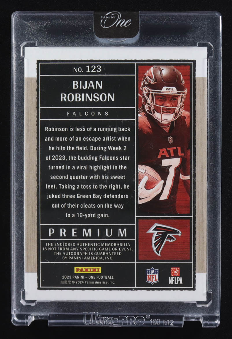 Bijan Robinson 2023 Panini One Premium Rookie Patch Autograph #123 #08/25 RC at PristineAuction.com Bijan Robinson 2023 Panini One Premium Rookie Patch Autograph #123 #08/25 RC at PristineAuction.com