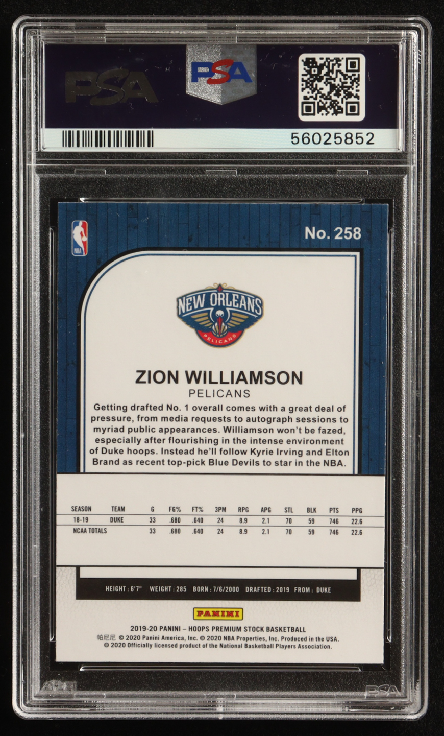 Zion Williamson 2019-20 Hoops Premium Stock #258 RC (PSA 10) at PristineAuction.com Zion Williamson 2019-20 Hoops Premium Stock #258 RC (PSA 10) at PristineAuction.com
