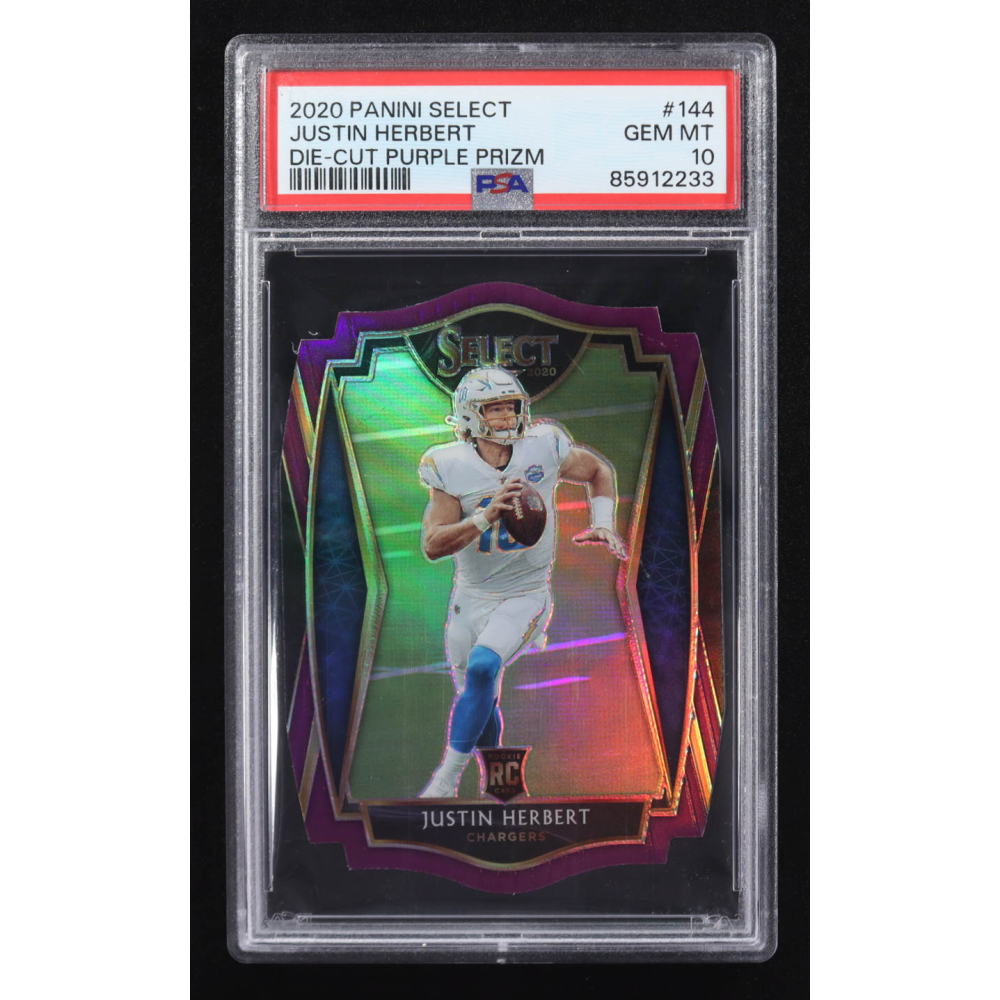 Justin Herbert 2020 Panini Select Die-Cut Purple Prizm #144 RC (PSA 10) at PristineAuction.com