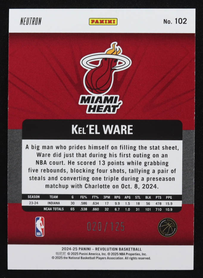 Kel'el Ware 2024-25 Panini Revolution Neutron #102 #020/125 RC at PristineAuction.com Kel'el Ware 2024-25 Panini Revolution Neutron #102 #020/125 RC at PristineAuction.com