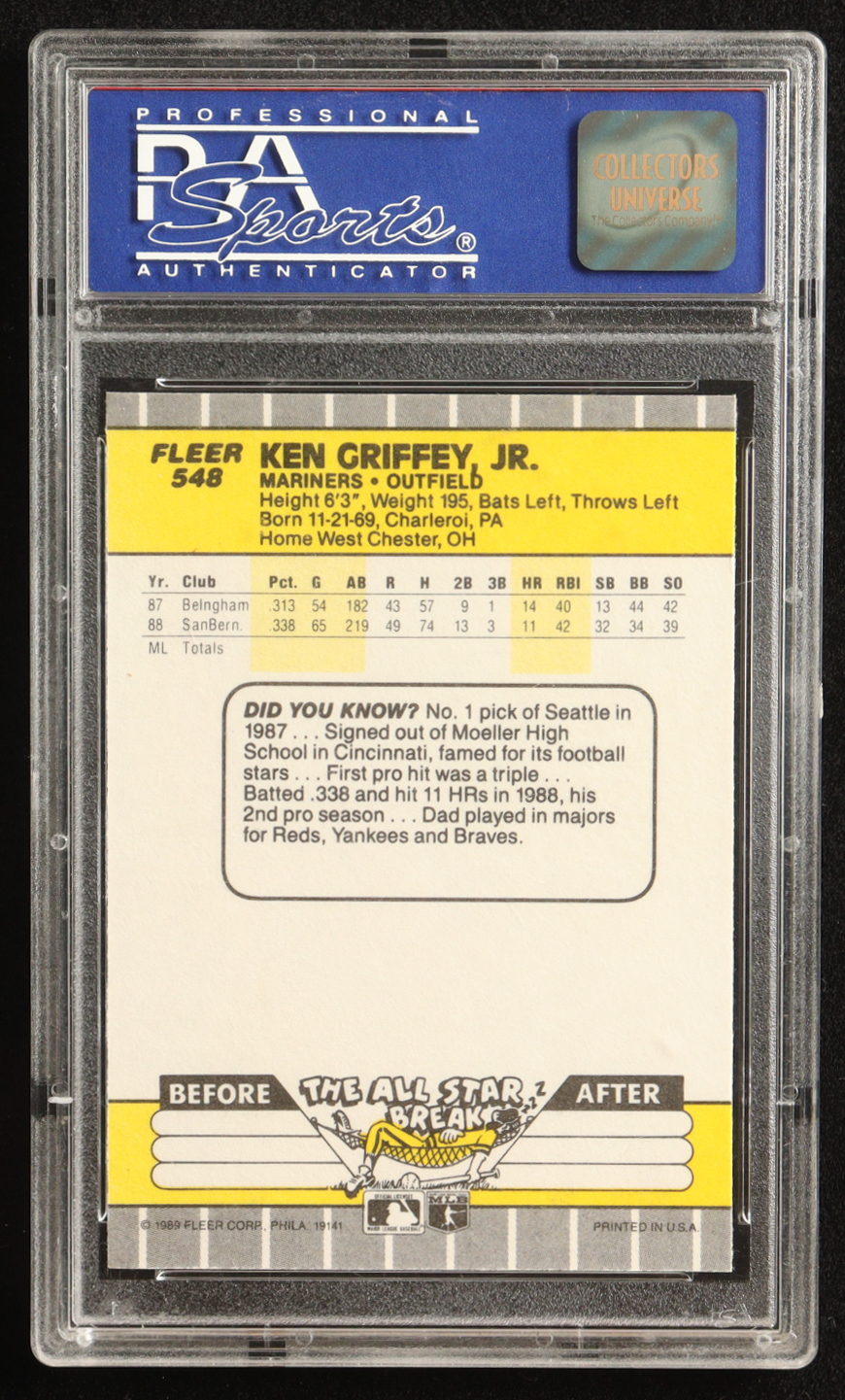 Ken Griffey Jr. 1989 Fleer #548 UER/Born in Donora, PA RC (ST) (PSA 9) at PristineAuction.com Ken Griffey Jr. 1989 Fleer #548 UER/Born in Donora, PA RC (ST) (PSA 9) at PristineAuction.com