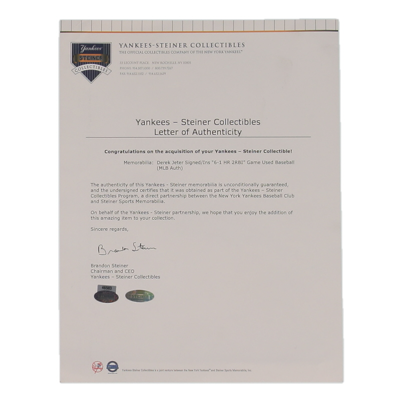 Derek Jeter Signed OML Game-Used Baseball Inscribed "6-1 HR 2RBI" (Steiner & MLB) at PristineAuction.com Derek Jeter Signed OML Game-Used Baseball Inscribed "6-1 HR 2RBI" (Steiner & MLB) at PristineAuction.com