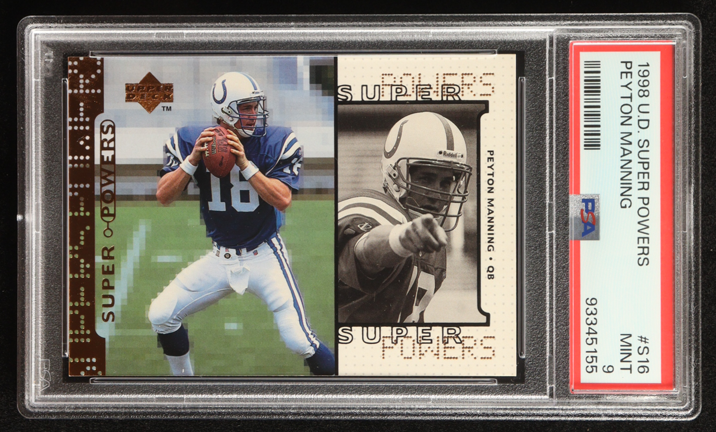 Peyton Manning 1998 Upper Deck Super Powers #S16 RC (PSA 9) at PristineAuction.com Peyton Manning 1998 Upper Deck Super Powers #S16 RC (PSA 9) at PristineAuction.com