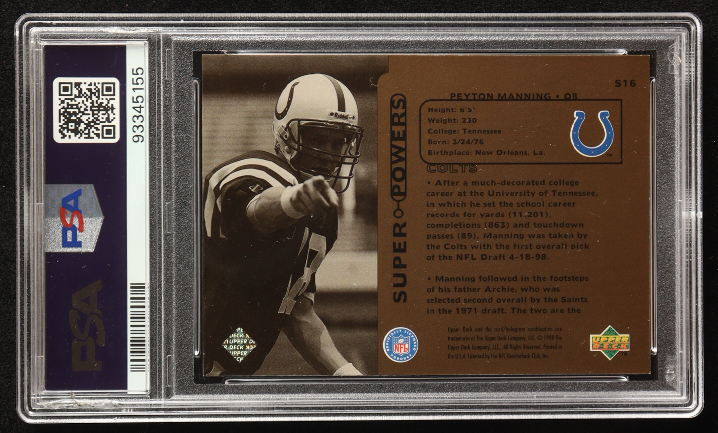 Peyton Manning 1998 Upper Deck Super Powers #S16 RC (PSA 9) at PristineAuction.com Peyton Manning 1998 Upper Deck Super Powers #S16 RC (PSA 9) at PristineAuction.com