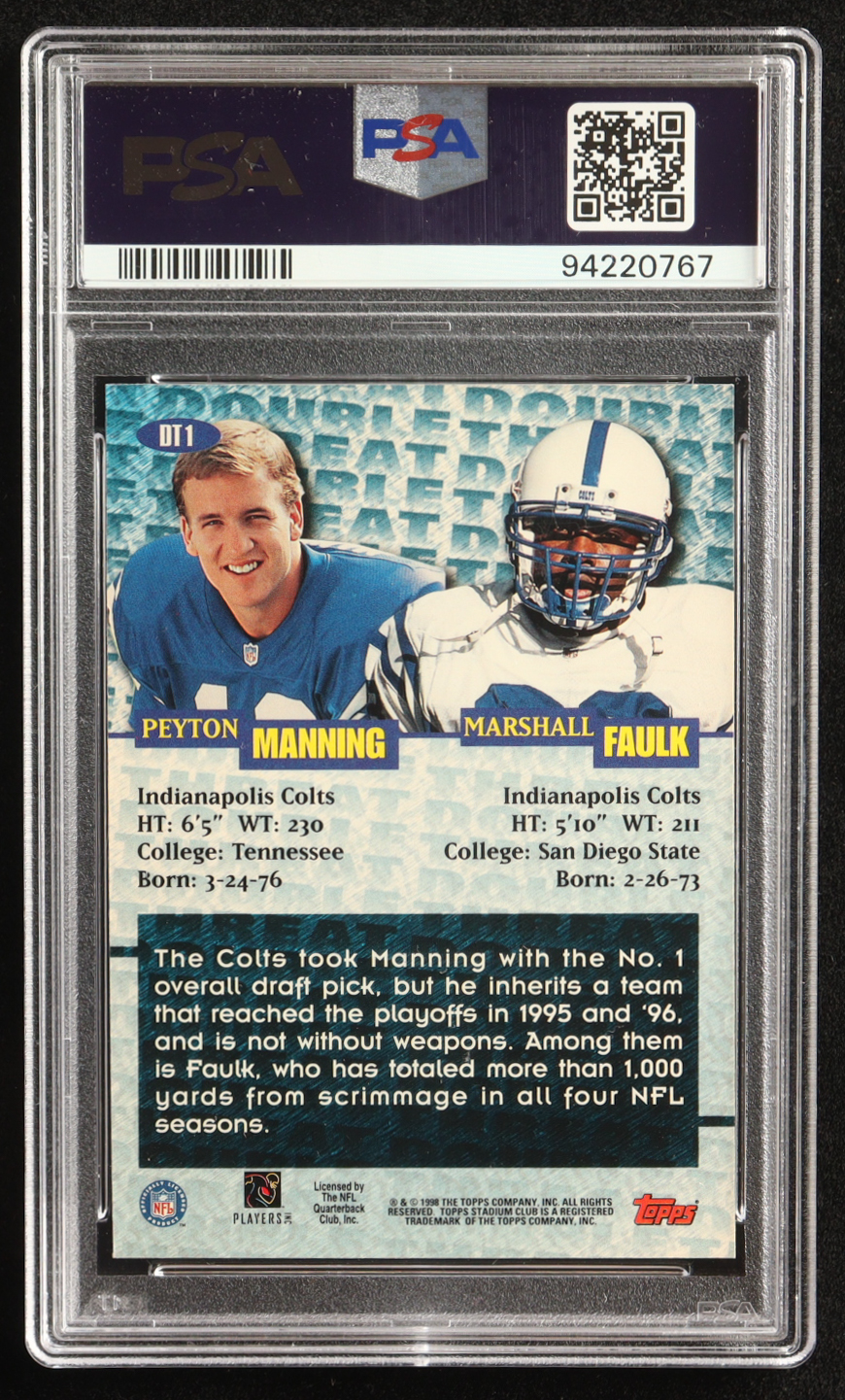 Marshall Faulk / Peyton Manning 1998 Stadium Club Double Threat #DT1 RC (PSA 9) at PristineAuction.com Marshall Faulk / Peyton Manning 1998 Stadium Club Double Threat #DT1 RC (PSA 9) at PristineAuction.com