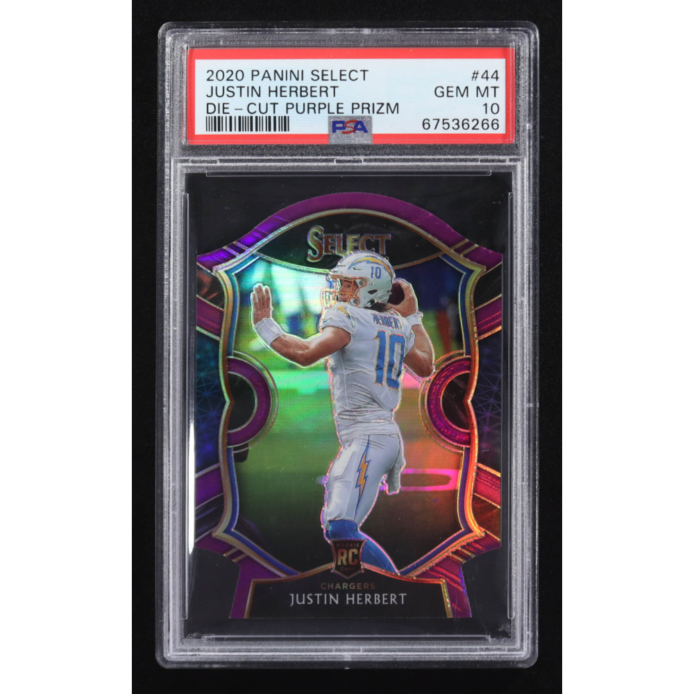 Justin Herbert 2020 Panini Select Die-Cut Purple Prizm #44 RC (PSA 10) at PristineAuction.com