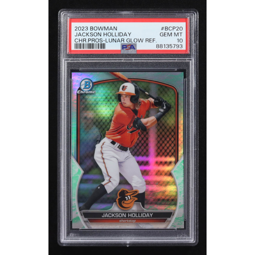 Jackson Holliday 2023 Bowman Chrome Prospects Lunar Glow Refractor #BCP-20 RC (PSA 10) at PristineAuction.com