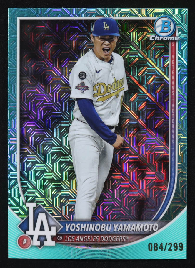 Yoshinobu Yamamoto 2025 Bowman Chrome Mega Box Aqua Refractors #76 #84/299 at PristineAuction.com Yoshinobu Yamamoto 2025 Bowman Chrome Mega Box Aqua Refractors #76 #84/299 at PristineAuction.com