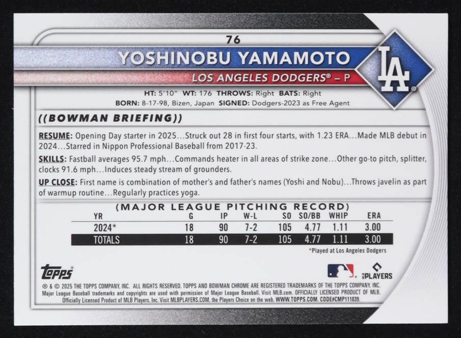 Yoshinobu Yamamoto 2025 Bowman Chrome Mega Box Aqua Refractors #76 #84/299 at PristineAuction.com Yoshinobu Yamamoto 2025 Bowman Chrome Mega Box Aqua Refractors #76 #84/299 at PristineAuction.com
