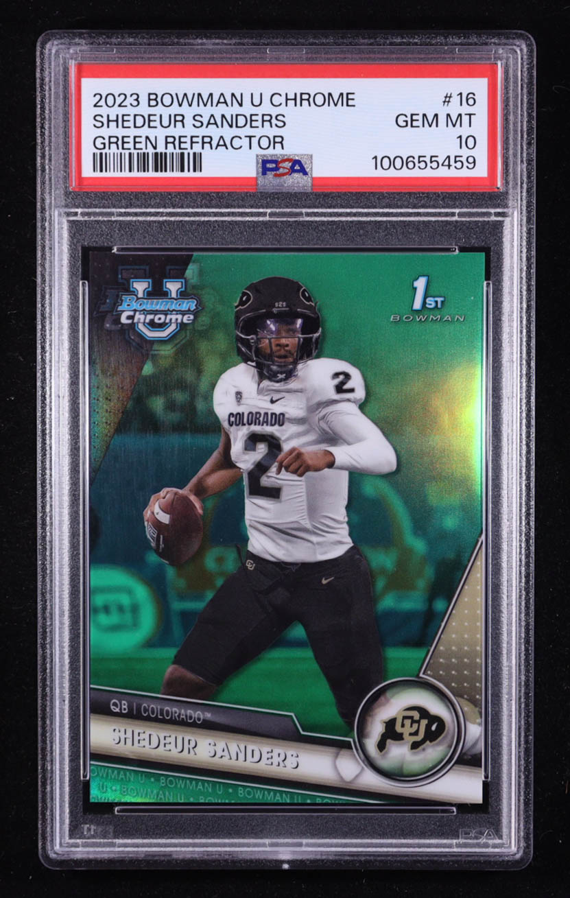 Shedeur Sanders 2023 Bowman Chrome University Green Refractors #16 RC #59/99 (PSA 10) at PristineAuction.com Shedeur Sanders 2023 Bowman Chrome University Green Refractors #16 RC #59/99 (PSA 10) at PristineAuction.com
