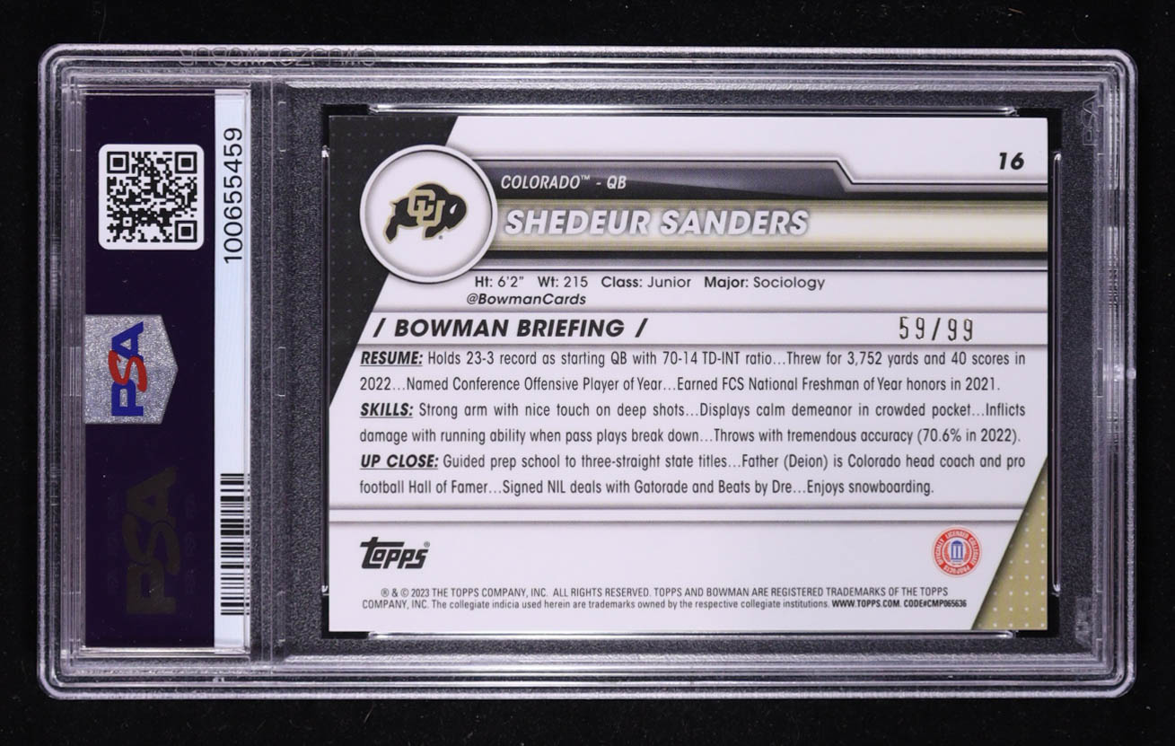 Shedeur Sanders 2023 Bowman Chrome University Green Refractors #16 RC #59/99 (PSA 10) at PristineAuction.com Shedeur Sanders 2023 Bowman Chrome University Green Refractors #16 RC #59/99 (PSA 10) at PristineAuction.com