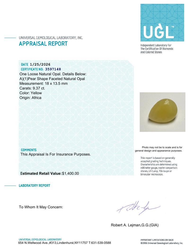 9.37 Carats Natural Yellow Opal Loose | Estimated Retail Value: $1,400 (UGL Cert) at PristineAuction.com 9.37 Carats Natural Yellow Opal Loose | Estimated Retail Value: $1,400 (UGL Cert) at PristineAuction.com