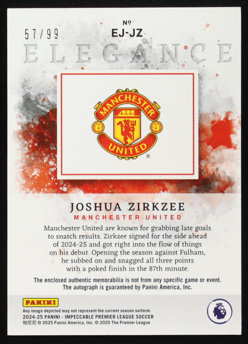 Joshua Zirkzee 2024-25 Panini Impeccable English Premier League Elegance Jersey Autographs #1 #57/99 at PristineAuction.com Joshua Zirkzee 2024-25 Panini Impeccable English Premier League Elegance Jersey Autographs #1 #57/99 at PristineAuction.com