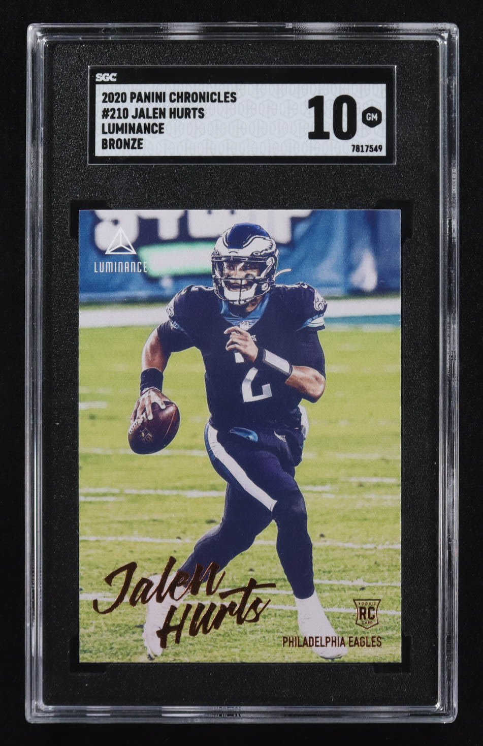 Jalen Hurts 2020 Panini Chronicles Luminance Bronze #210 RC (SGC 10) at PristineAuction.com Jalen Hurts 2020 Panini Chronicles Luminance Bronze #210 RC (SGC 10) at PristineAuction.com