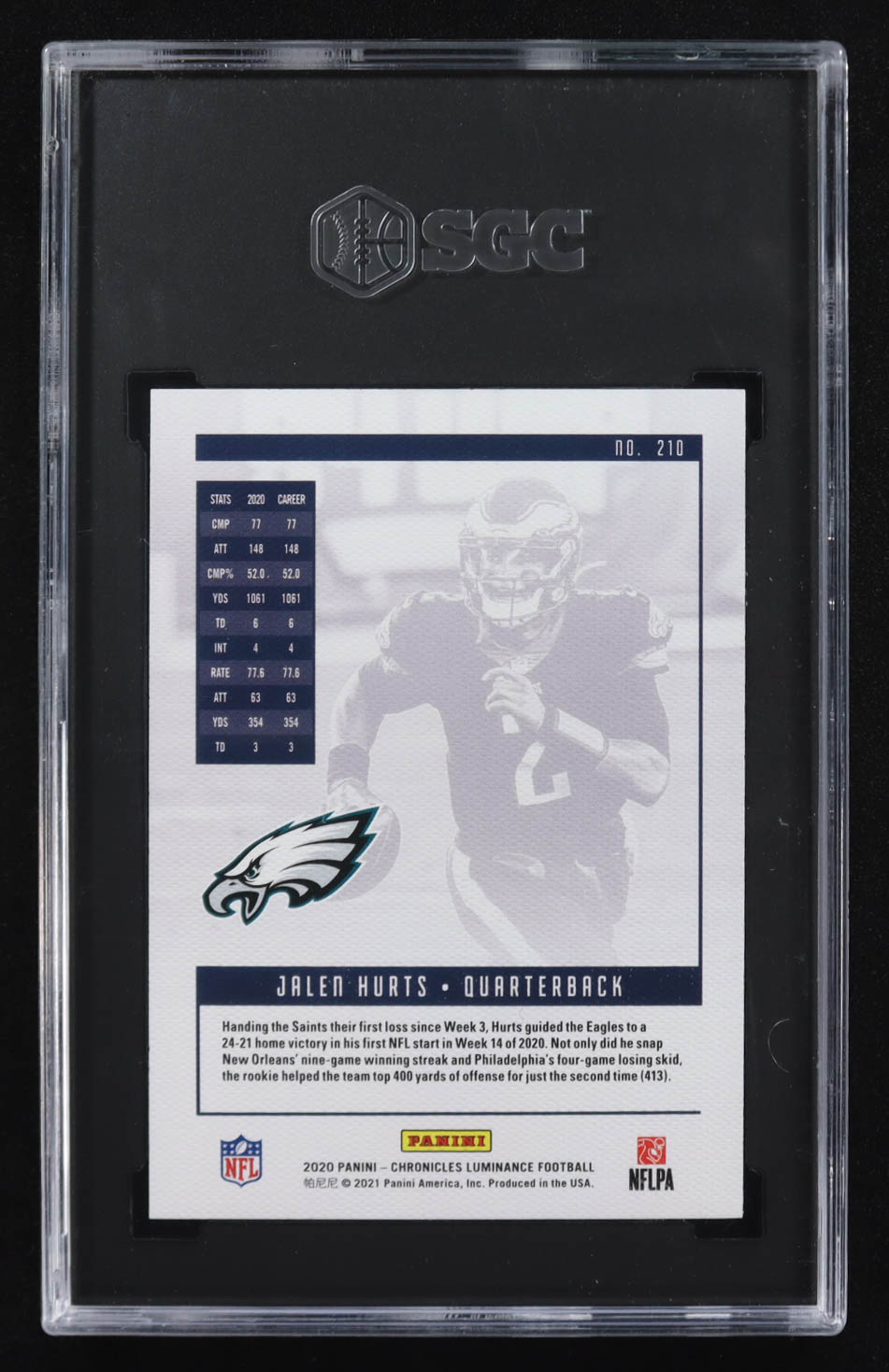 Jalen Hurts 2020 Panini Chronicles Luminance Bronze #210 RC (SGC 10) at PristineAuction.com Jalen Hurts 2020 Panini Chronicles Luminance Bronze #210 RC (SGC 10) at PristineAuction.com