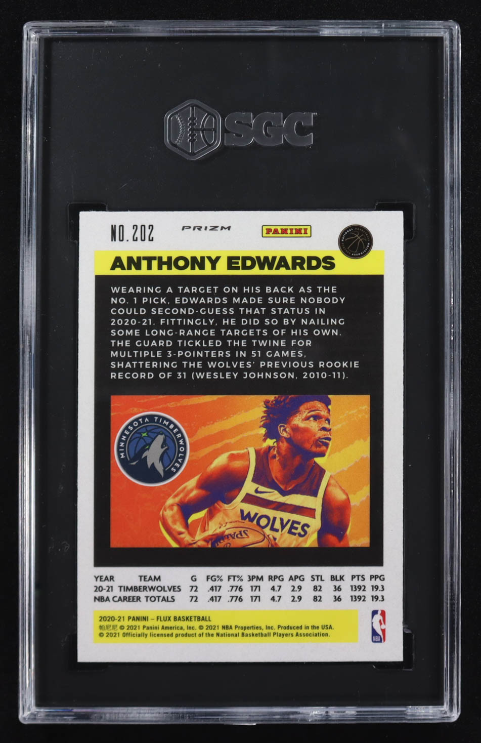 Anthony Edwards 2020-21 Panini Flux Fanatics Cracked Ice Prizm #202 RC (SGC 10) at PristineAuction.com Anthony Edwards 2020-21 Panini Flux Fanatics Cracked Ice Prizm #202 RC (SGC 10) at PristineAuction.com