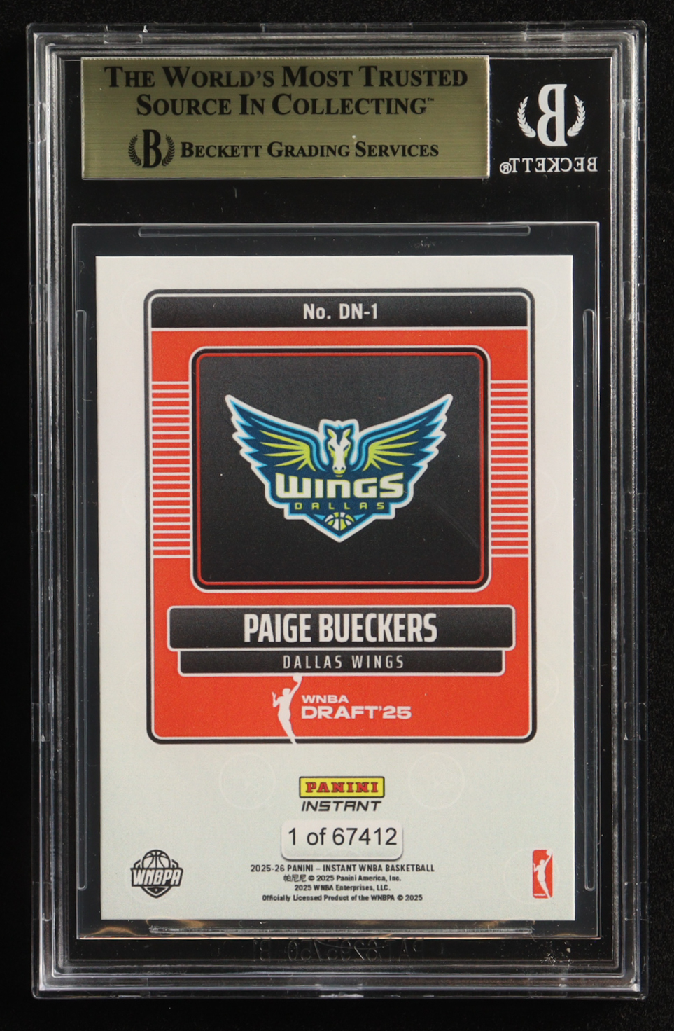 Paige Bueckers 2025-26 Panini Instant WNBA Draft Night #DN-1 RC #1/67412 (BGS 10) at PristineAuction.com Paige Bueckers 2025-26 Panini Instant WNBA Draft Night #DN-1 RC #1/67412 (BGS 10) at PristineAuction.com