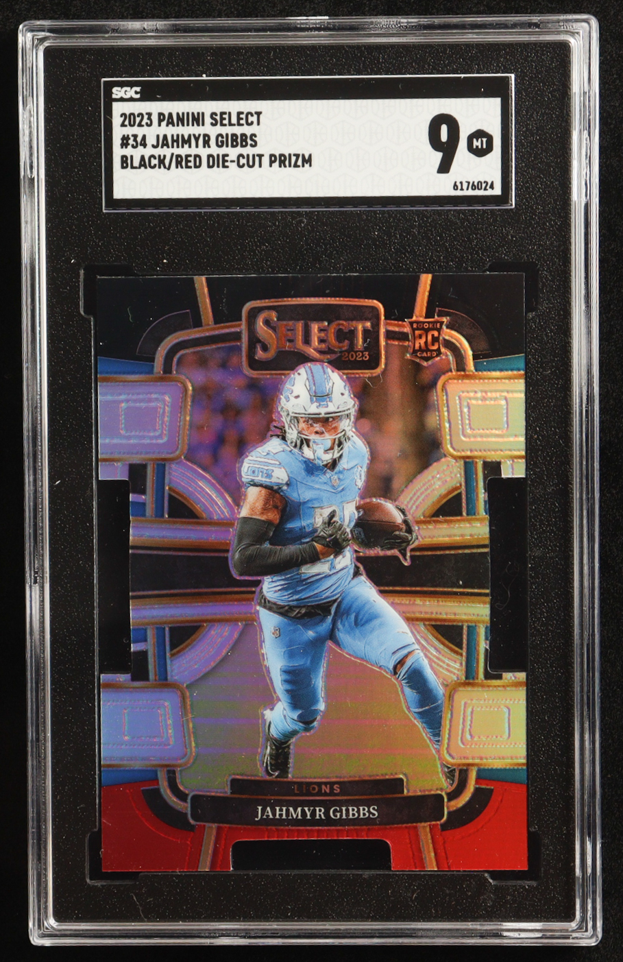 Jahmyr Gibbs 2023 Panini Select Die-Cut Black/Red Prizm #34 RC (SGC 9) at PristineAuction.com Jahmyr Gibbs 2023 Panini Select Die-Cut Black/Red Prizm #34 RC (SGC 9) at PristineAuction.com
