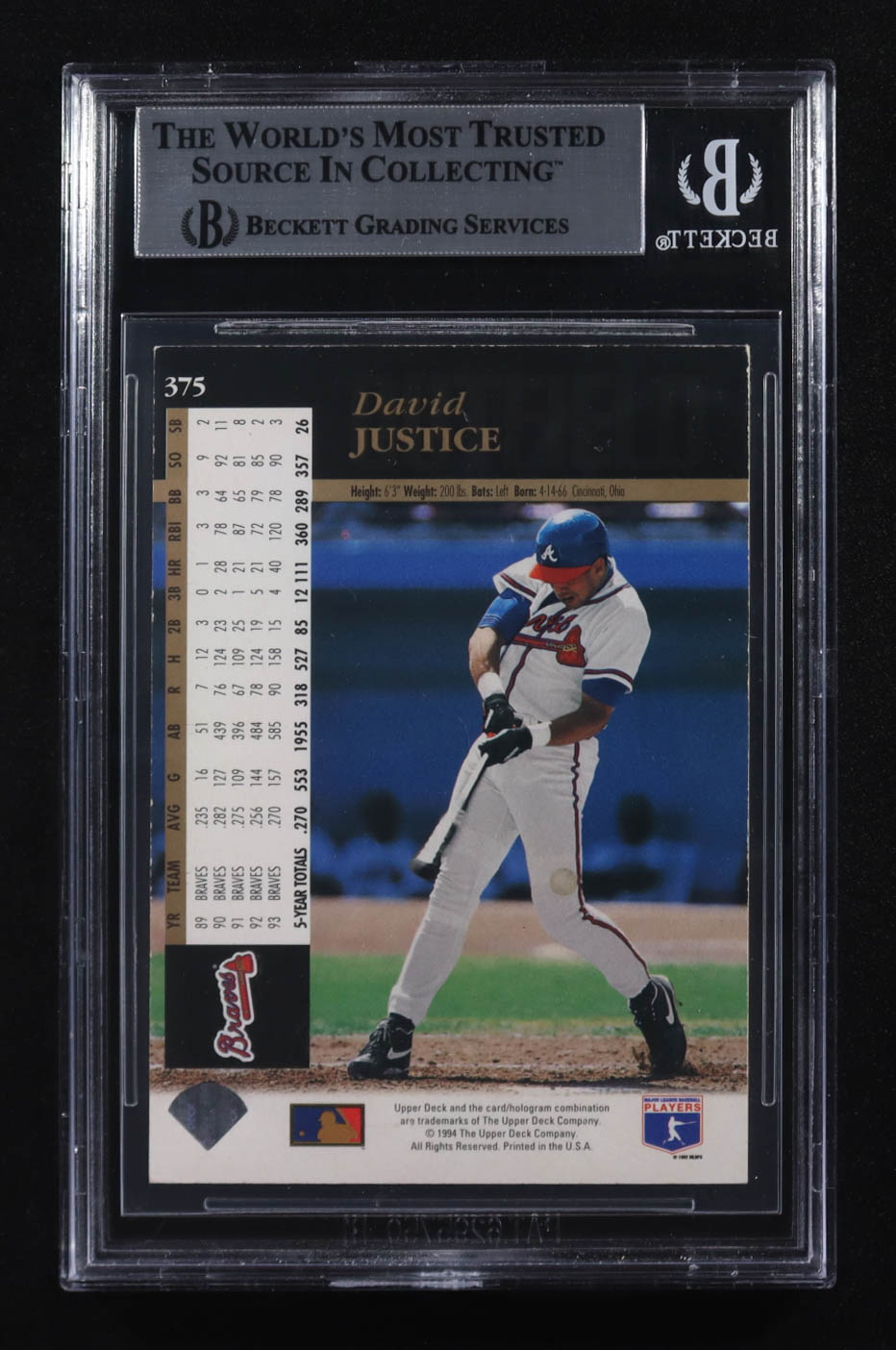 David Justice Signed 1994 Upper Deck Electric Diamond #375 (BGS) at PristineAuction.com David Justice Signed 1994 Upper Deck Electric Diamond #375 (BGS) at PristineAuction.com