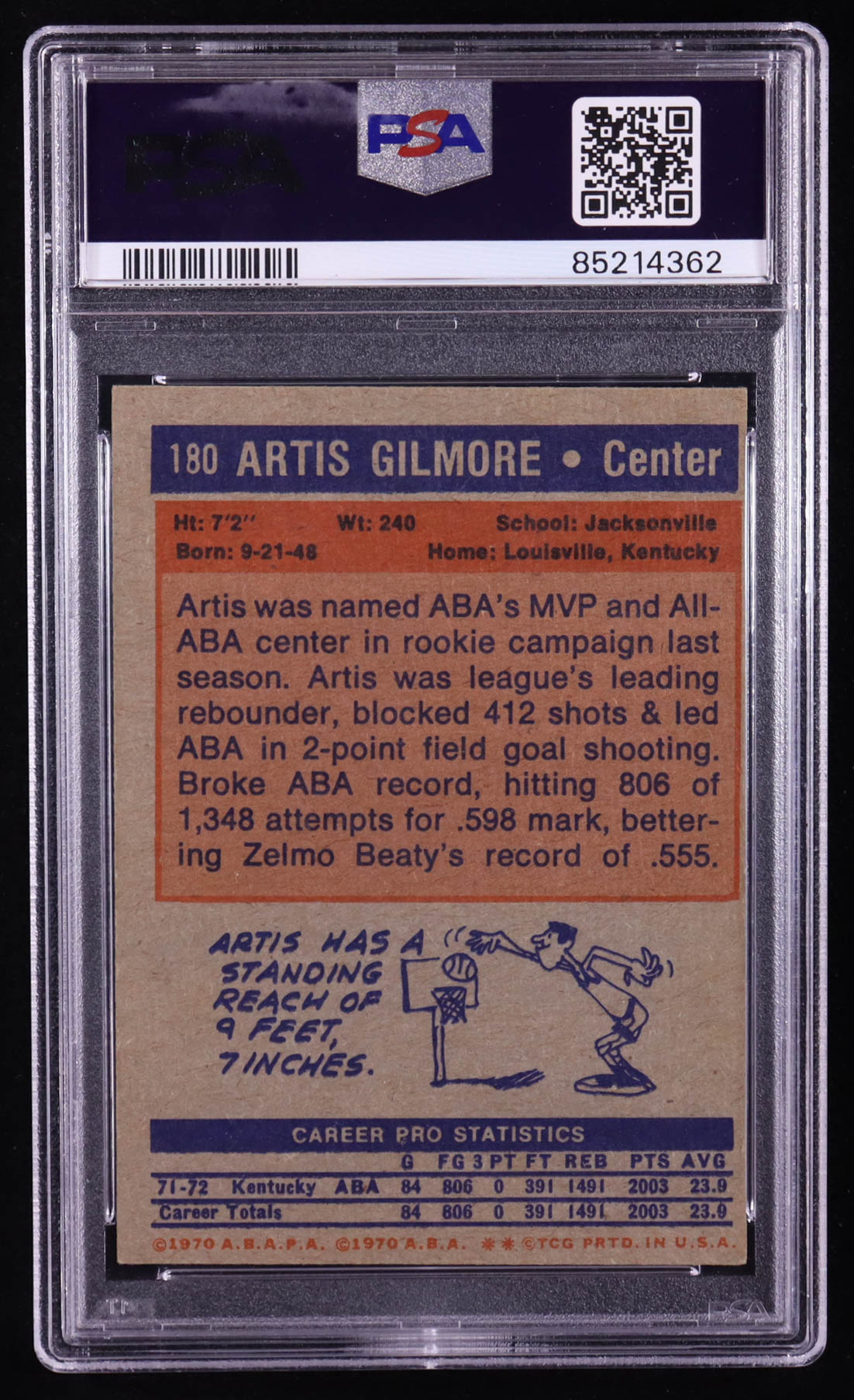 Artis Gilmore 1972-73 Topps #180 RC (PSA Authentic | Autograph Grade PSA 9) at PristineAuction.com Artis Gilmore 1972-73 Topps #180 RC (PSA Authentic | Autograph Grade PSA 9) at PristineAuction.com