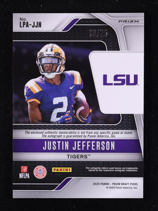 Justin Jefferson 2025 Panini Prizm Draft Picks Legends Patch Autographs Tie-Dye #17 #10/25 at PristineAuction.com Justin Jefferson 2025 Panini Prizm Draft Picks Legends Patch Autographs Tie-Dye #17 #10/25 at PristineAuction.com