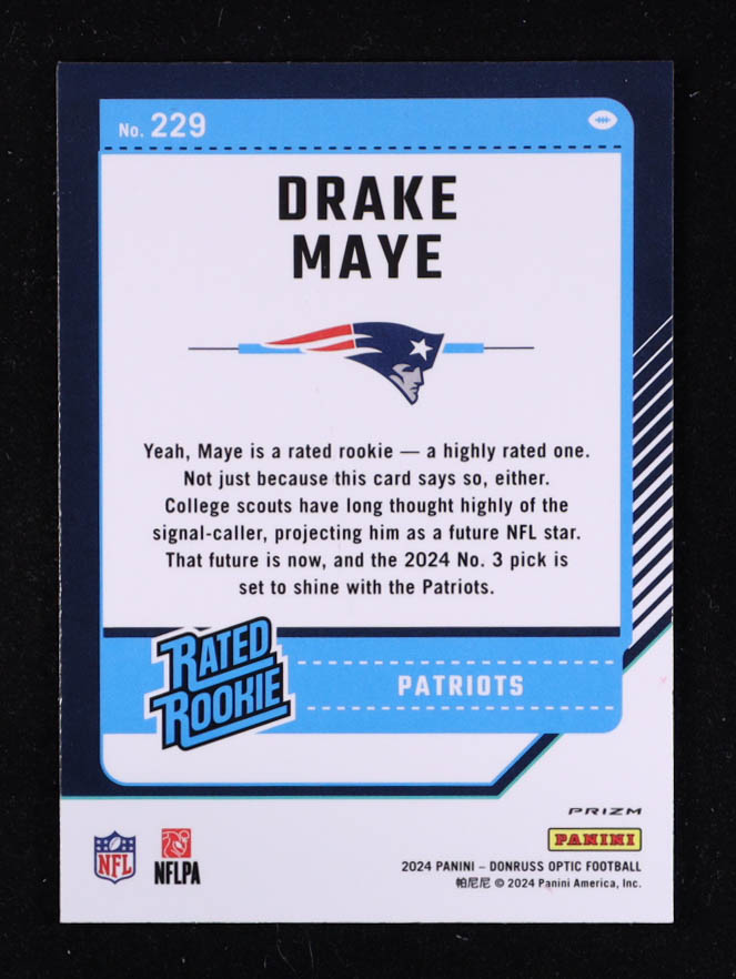 Drake Maye 2024 Donruss Optic Pink #229 RR RC at PristineAuction.com Drake Maye 2024 Donruss Optic Pink #229 RR RC at PristineAuction.com