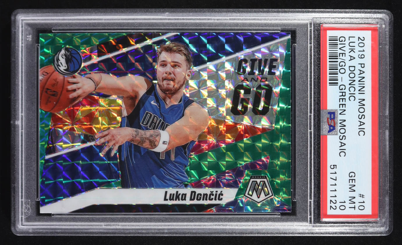 Luka Doncic 2019-20 Panini Mosaic Give and Go Green Mosaic #10 (PSA 10) at PristineAuction.com Luka Doncic 2019-20 Panini Mosaic Give and Go Green Mosaic #10 (PSA 10) at PristineAuction.com