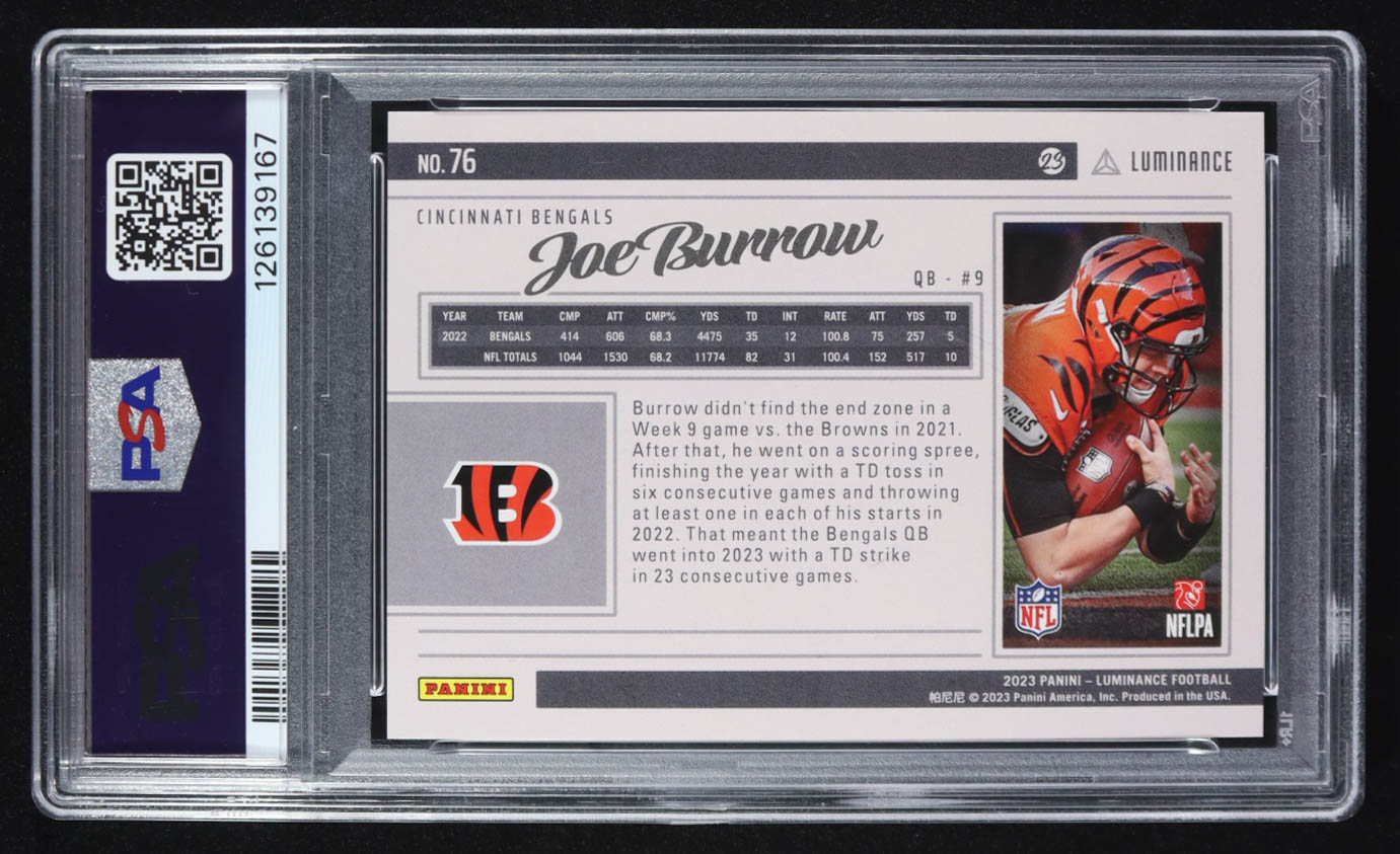 Joe Burrow 2023 Luminance Gold #76 #214/250 (PSA 10) at PristineAuction.com Joe Burrow 2023 Luminance Gold #76 #214/250 (PSA 10) at PristineAuction.com