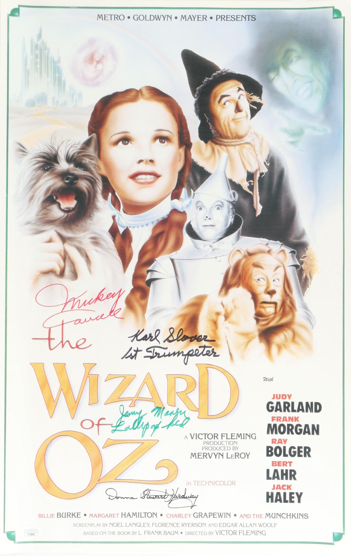 "The Wizard of Oz" 16x24 Photo Signed by (4) with Mickey Carroll, Jerry Maren Karl Slover & Donna Stewart-Hardaway with Multiple Character Inscriptions (JSA) at PristineAuction.com "The Wizard of Oz" 16x24 Photo Signed by (4) with Mickey Carroll, Jerry Maren Karl Slover & Donna Stewart-Hardaway with Multiple Character Inscriptions (JSA) at PristineAuction.com