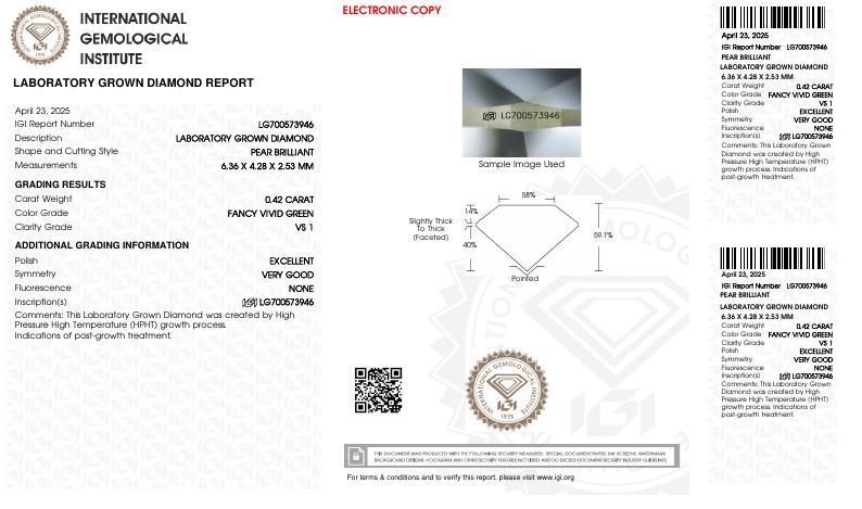 .42 Carats Lab Grown FANCY GREEN Diamond Loose VS1 | (IGI Cert) at PristineAuction.com .42 Carats Lab Grown FANCY GREEN Diamond Loose VS1 | (IGI Cert) at PristineAuction.com