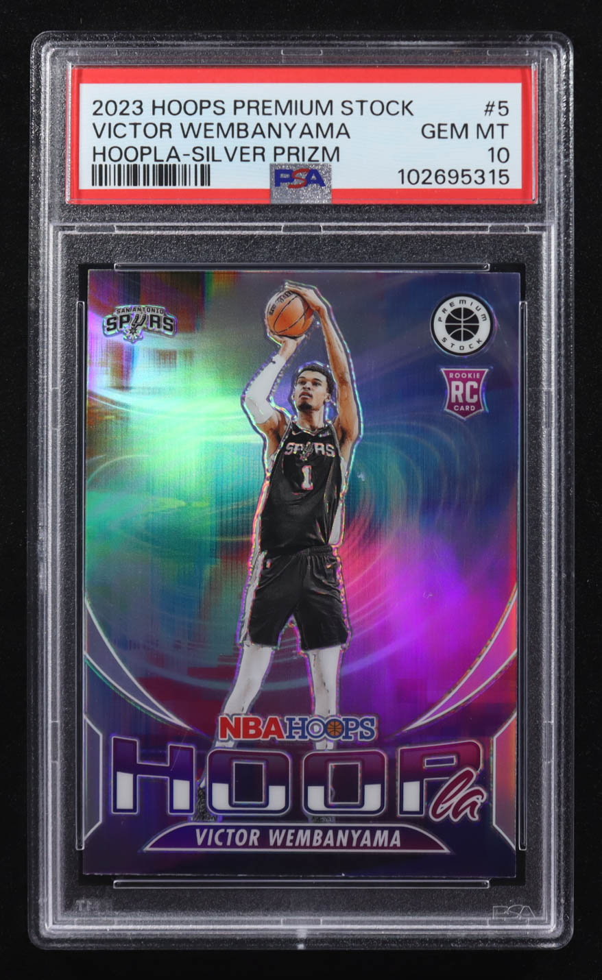Victor Wembanyama 2023-24 Panini NBA Hoops Premium Stock Hoopla Silver Prizm #5 RC (PSA 10) at PristineAuction.com Victor Wembanyama 2023-24 Panini NBA Hoops Premium Stock Hoopla Silver Prizm #5 RC (PSA 10) at PristineAuction.com