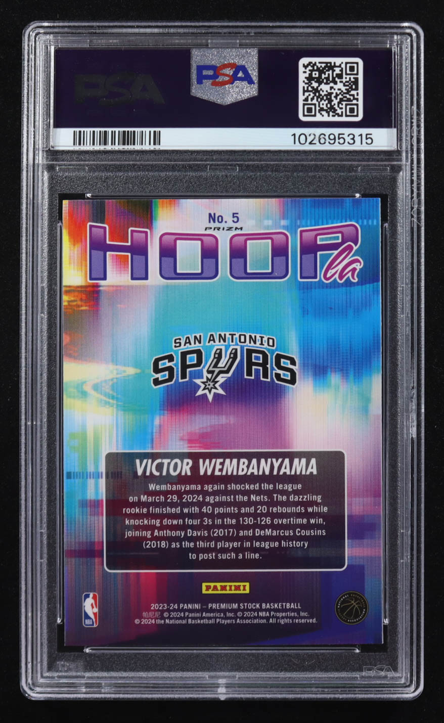 Victor Wembanyama 2023-24 Panini NBA Hoops Premium Stock Hoopla Silver Prizm #5 RC (PSA 10) at PristineAuction.com Victor Wembanyama 2023-24 Panini NBA Hoops Premium Stock Hoopla Silver Prizm #5 RC (PSA 10) at PristineAuction.com