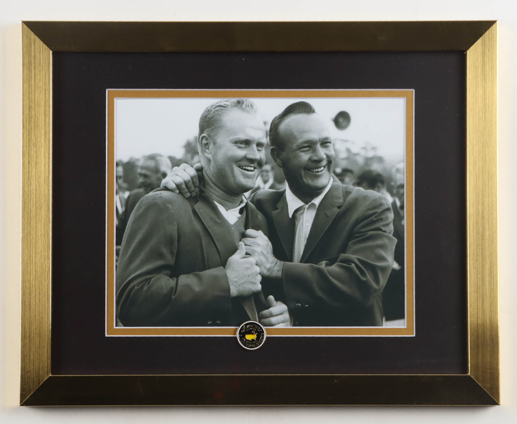 Jack Nicklaus & Arnold Palmer 1965 Masters Tournament Custom Framed Photo Display with Tournament Pin at PristineAuction.com Jack Nicklaus & Arnold Palmer 1965 Masters Tournament Custom Framed Photo Display with Tournament Pin at PristineAuction.com