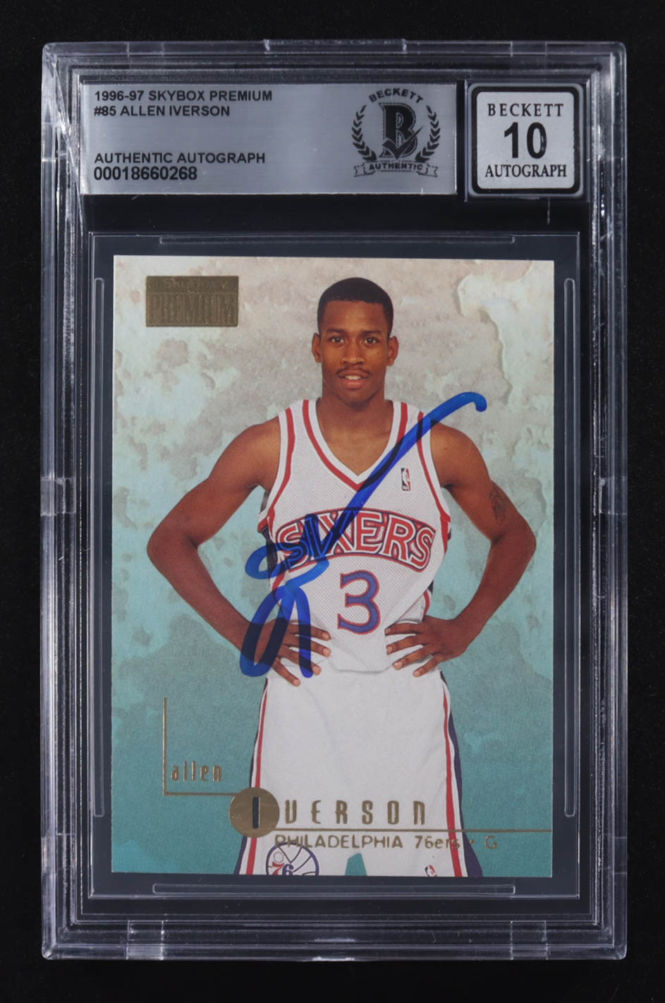 Allen Iverson Signed 1996-97 SkyBox Premium #85 RC (BGS Encapsulated) at PristineAuction.com Allen Iverson Signed 1996-97 SkyBox Premium #85 RC (BGS Encapsulated) at PristineAuction.com