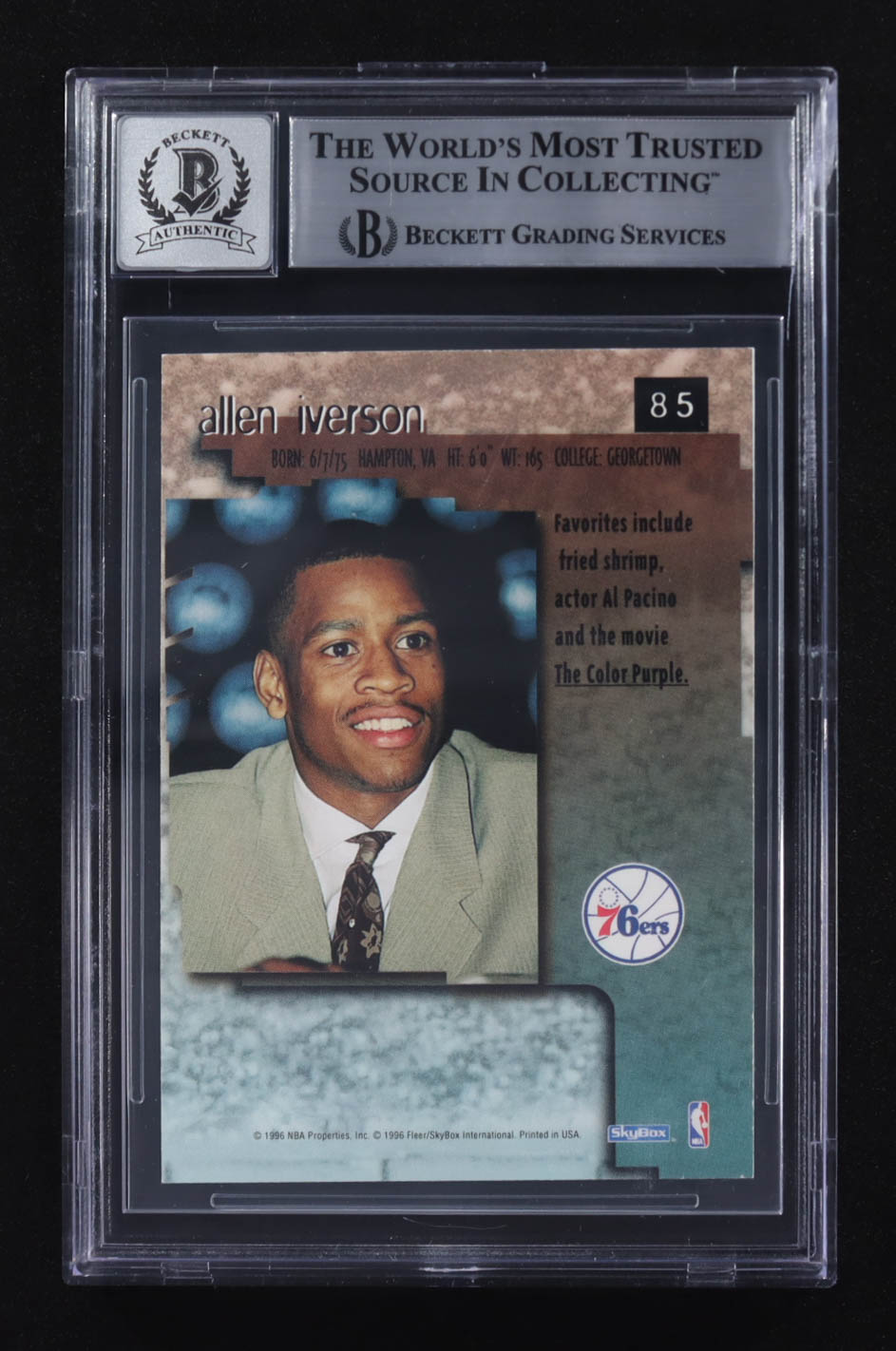 Allen Iverson Signed 1996-97 SkyBox Premium #85 RC (BGS Encapsulated) at PristineAuction.com Allen Iverson Signed 1996-97 SkyBox Premium #85 RC (BGS Encapsulated) at PristineAuction.com