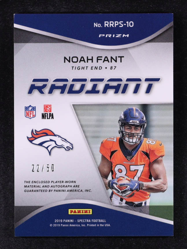 Noah Fant 2019 Panini Spectra Radiant Rookie Patch Signatures Neon Green #10 #22/50 RC at PristineAuction.com Noah Fant 2019 Panini Spectra Radiant Rookie Patch Signatures Neon Green #10 #22/50 RC at PristineAuction.com