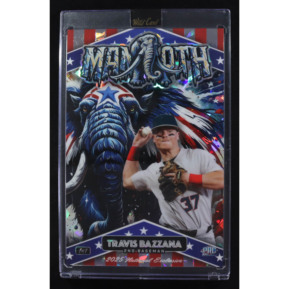 Travis Bazzana 2025 Wild Card Alumination Dino-Might Mammoth Red White Blue Mammoth Ice Silver #DMMMBO4TB #1/1 at PristineAuction.com