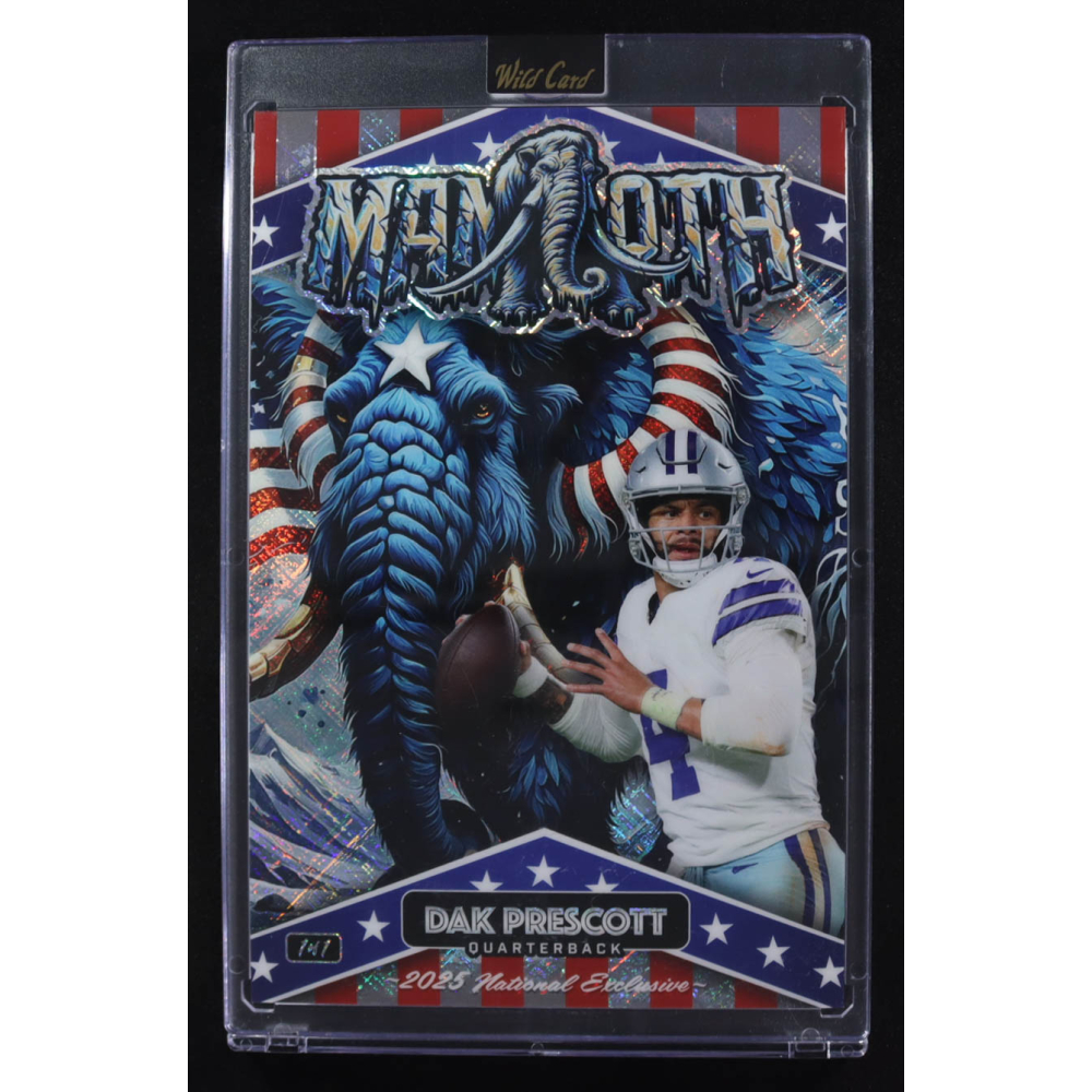 Dak Prescott 2025 Wild Card Alumination Dino-Might Mammoth Red White Blue Mammoth Shimmer Silver #DMMMA06DP #1/1 at PristineAuction.com