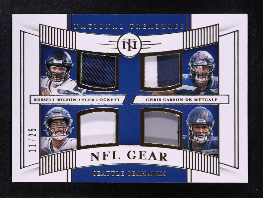 DK Metcalf / Russell Wilson/ Tyler Lockett / Chris Carson 2019 Panini National Treasures NFL Gear Quad Materials Prime #6 #11/25 at PristineAuction.com DK Metcalf / Russell Wilson/ Tyler Lockett / Chris Carson 2019 Panini National Treasures NFL Gear Quad Materials Prime #6 #11/25 at PristineAuction.com
