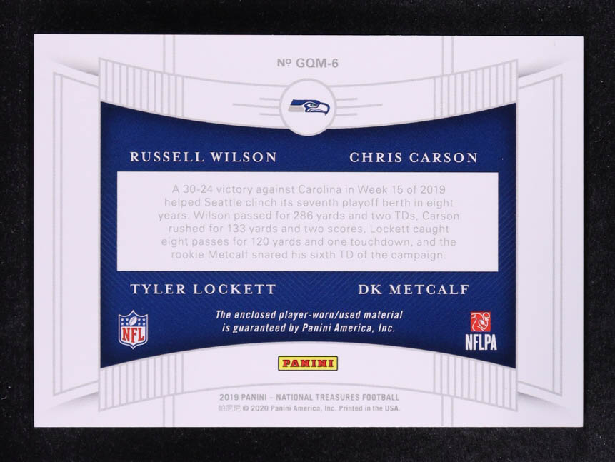 DK Metcalf / Russell Wilson/ Tyler Lockett / Chris Carson 2019 Panini National Treasures NFL Gear Quad Materials Prime #6 #11/25 at PristineAuction.com DK Metcalf / Russell Wilson/ Tyler Lockett / Chris Carson 2019 Panini National Treasures NFL Gear Quad Materials Prime #6 #11/25 at PristineAuction.com